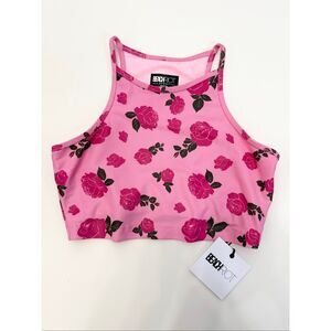 Beach Riot Floral Rose Ribbed High Neck Crop Anna Tank Sports Bra Top Pink L NWT